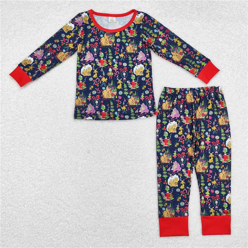 BLP0700 grinch modal house girl navy blue long sleeve long pants pajamas set