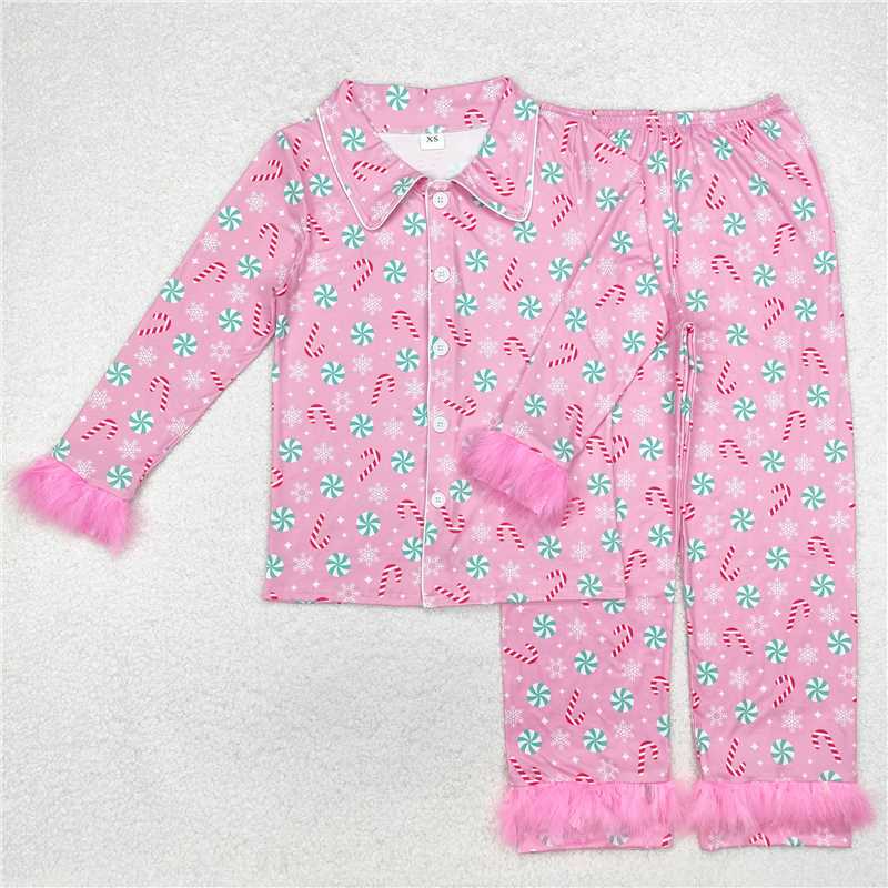 4.9 GLP2028 Adult female walking stick snowflake pink plush edge long sleeve long pants pajamas set