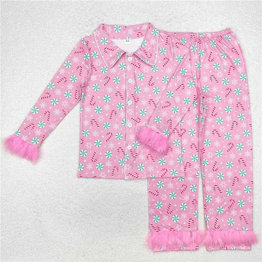 4.9 GLP2028 Adult female walking stick snowflake pink plush edge long sleeve long pants pajamas set