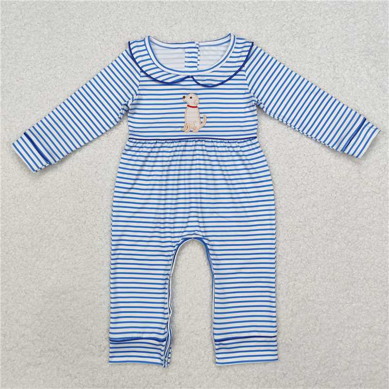 LR1447 Boys Embroidered Puppy Striped Doll Collar Blue and White Long Sleeve Onesie