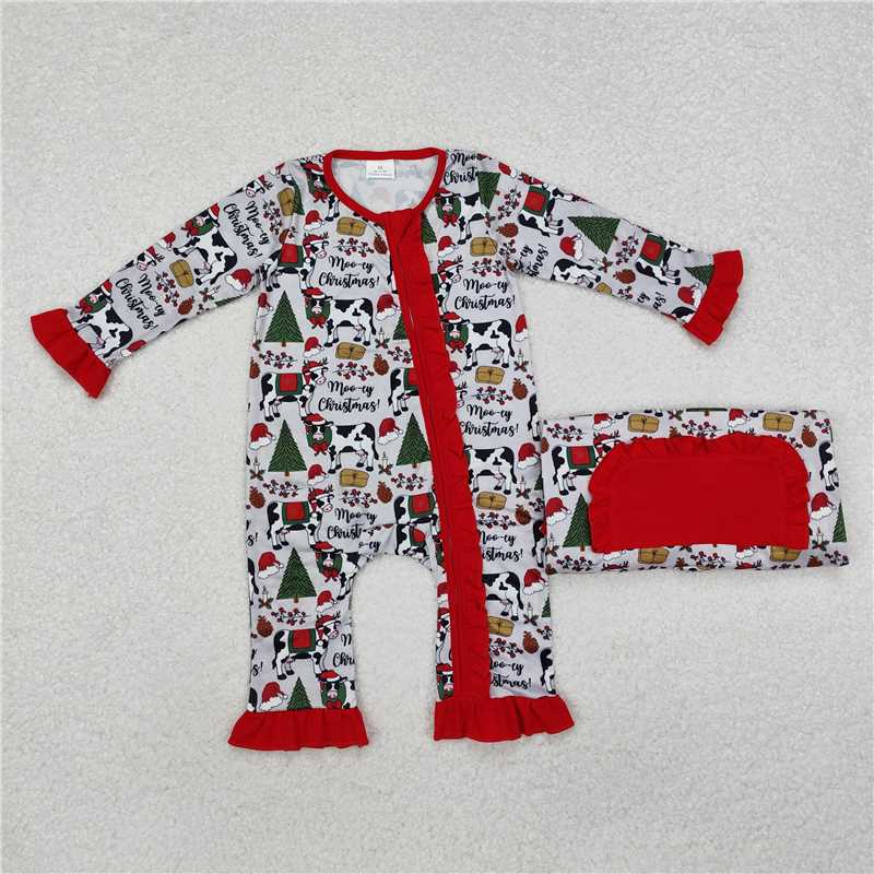 LR1074 Christmas tree cow gray and red lace zipper long sleeve jumpsuit