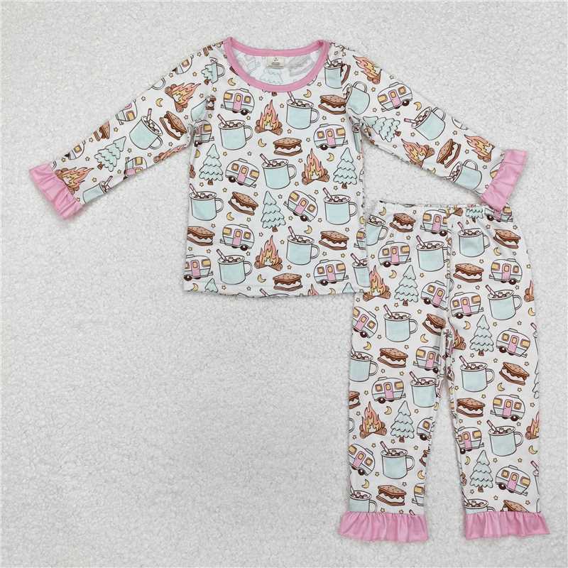 GLP1502 Modal Christmas tree fire camper cup pink lace long sleeve long pants pajamas set