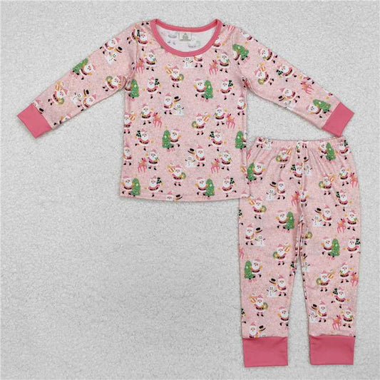 GLP2094 Modal Santa Claus Snowman Pink Long Sleeve Long Pants Pajama Set