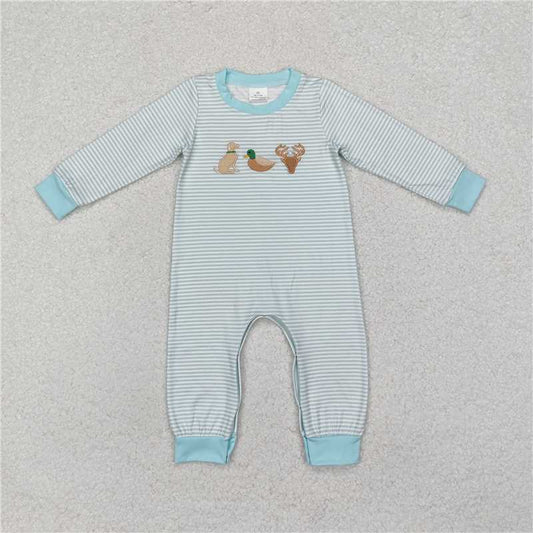 LR1895 Embroidered puppy duck elk blue striped long-sleeved jumpsuit