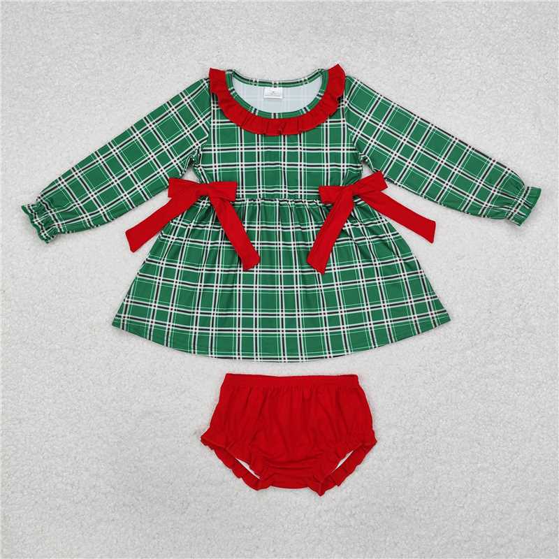 GBO0406 Christmas plaid red lace bow green long-sleeved briefs suit