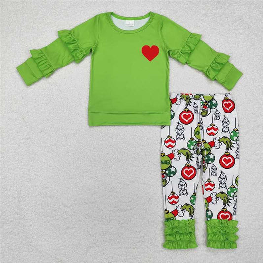 GLP2089 grinch Christmas light ball red heart green lace long sleeve trousers suit