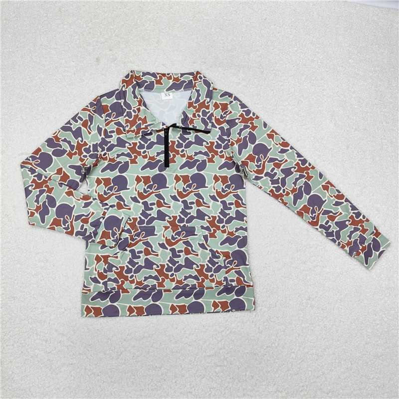 GT0833 Adult female pocket camouflage brown green zipper long-sleeved top