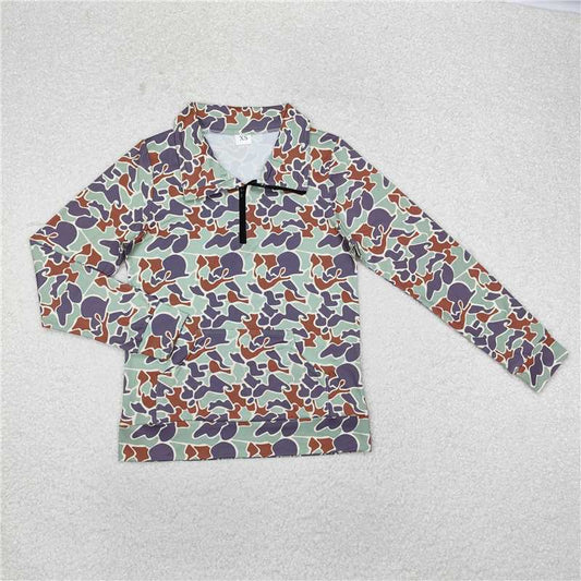 GT0833 Adult female pocket camouflage brown green zipper long-sleeved top