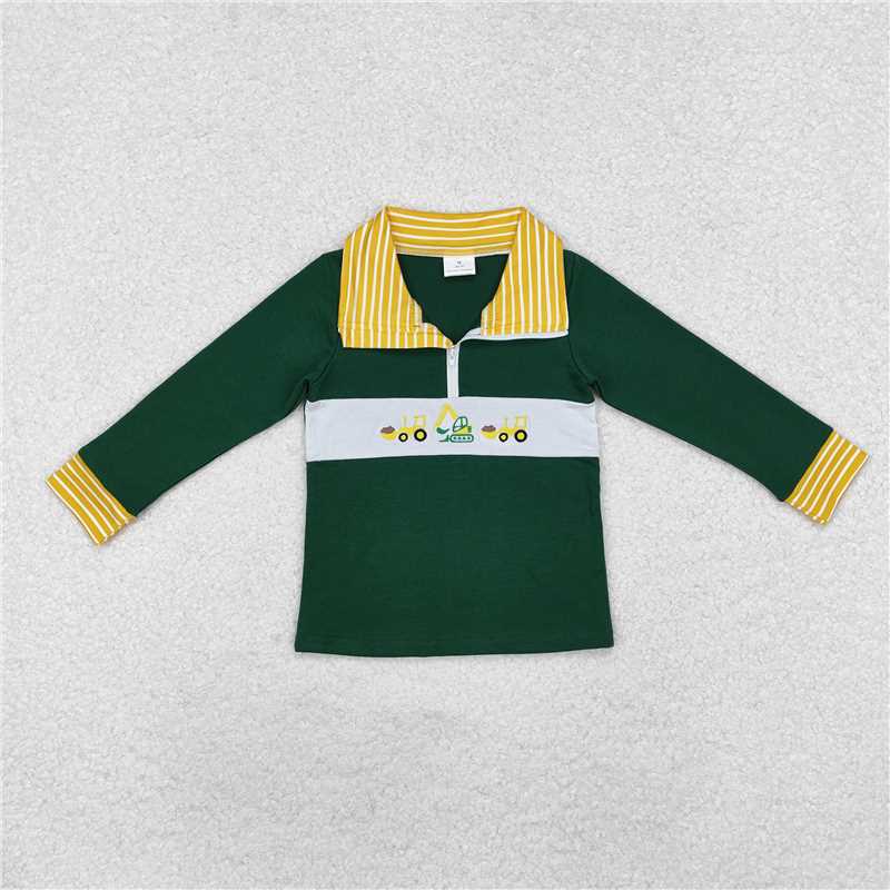 BT0931 Embroidered engineering truck stripes yellow collar green zipper long sleeve top