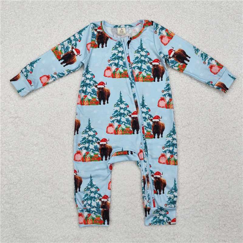 LR1459 Modal Alpine Bull Head Christmas Tree Gift Blue Zipper Long Sleeve Jumpsuit