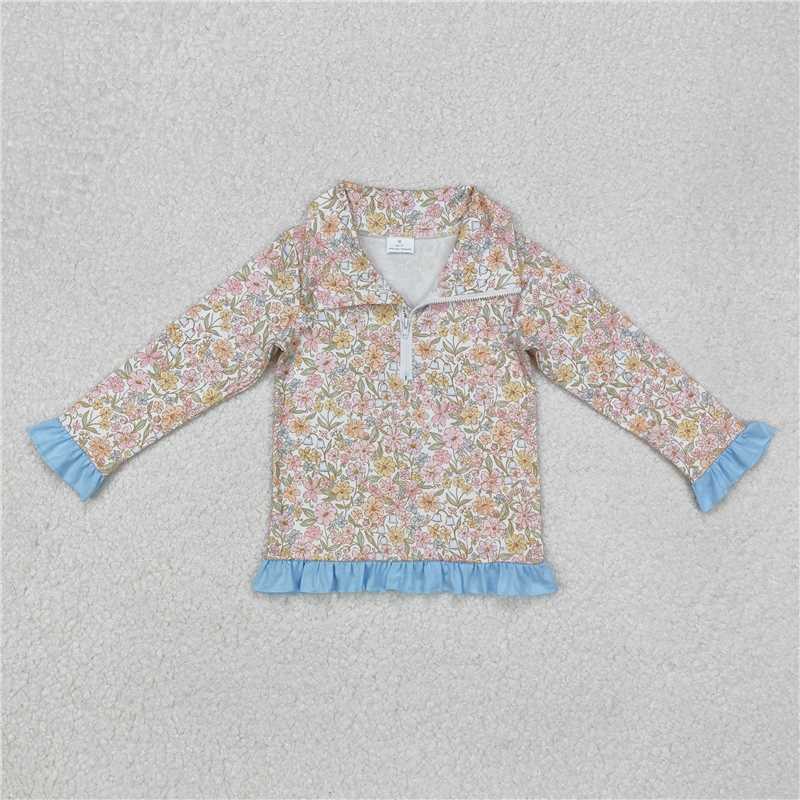 5.10  GT0722 Pink and yellow flowers with blue lace and zippered long-sleeved top