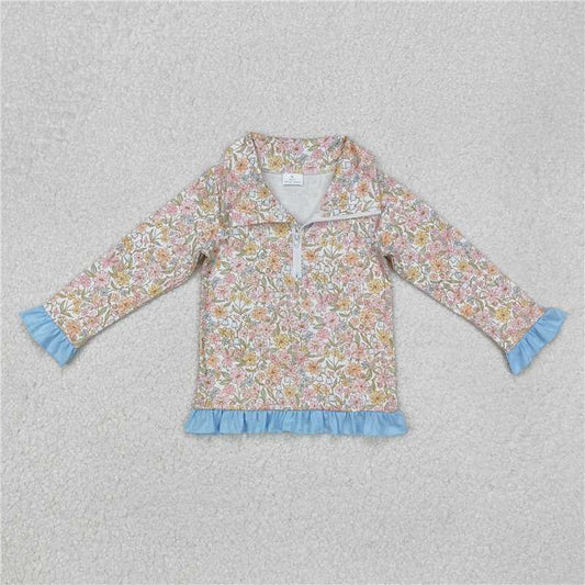 5.10  GT0722 Pink and yellow flowers with blue lace and zippered long-sleeved top