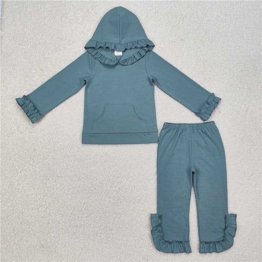 GLP2250 Solid gray-blue lace hooded long-sleeved trousers suit