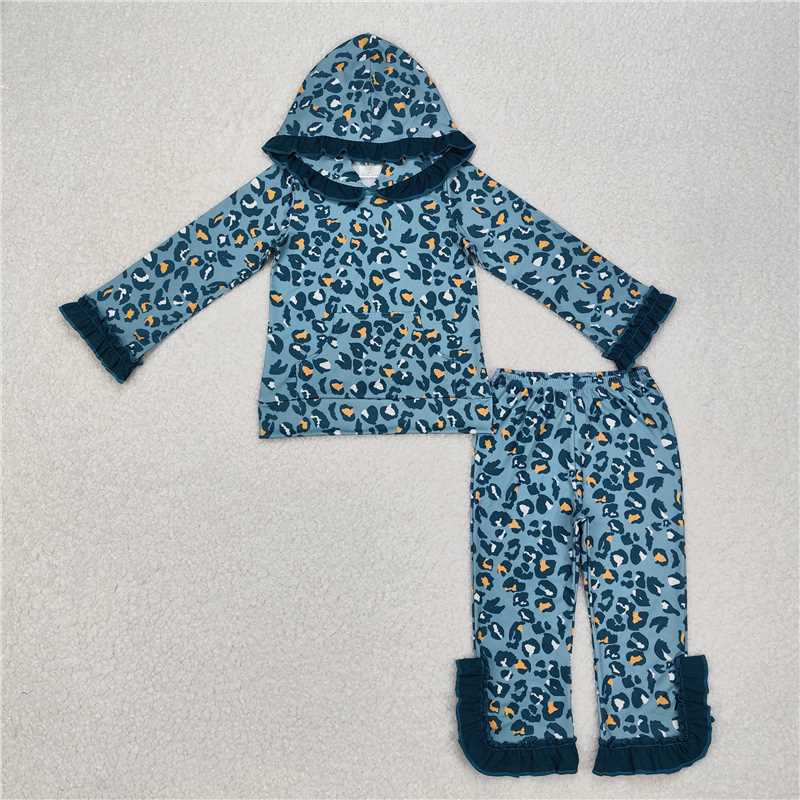 GLP2239 Leopard print blue green lace hooded long sleeve trousers set