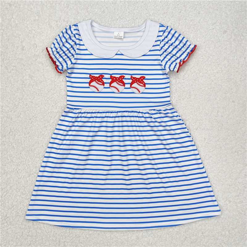 GSD1436 Embroidered polka dot red bow headband baseball blue striped doll collar short-sleeved dress