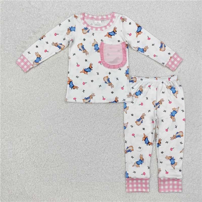 GLP2226 Easter bunny striped lace pocket white long sleeve long pants pajama set