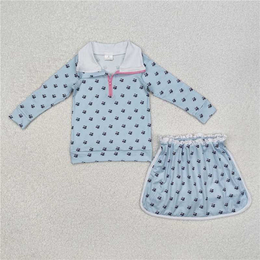 GLD0972 Flower and leaf light blue zipper long-sleeved short skirt suit