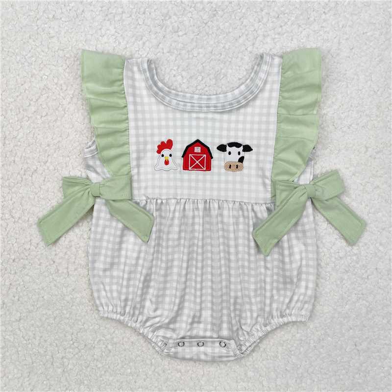 SR2184 Embroidery Chick Farm Red House Cow Green Lace Plaid Vest Bodysuit