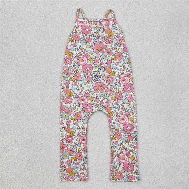 SR1982 Pink flower beige sleeveless jumpsuit