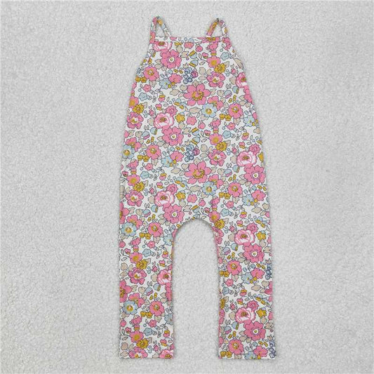 SR1982 Pink flower beige sleeveless jumpsuit