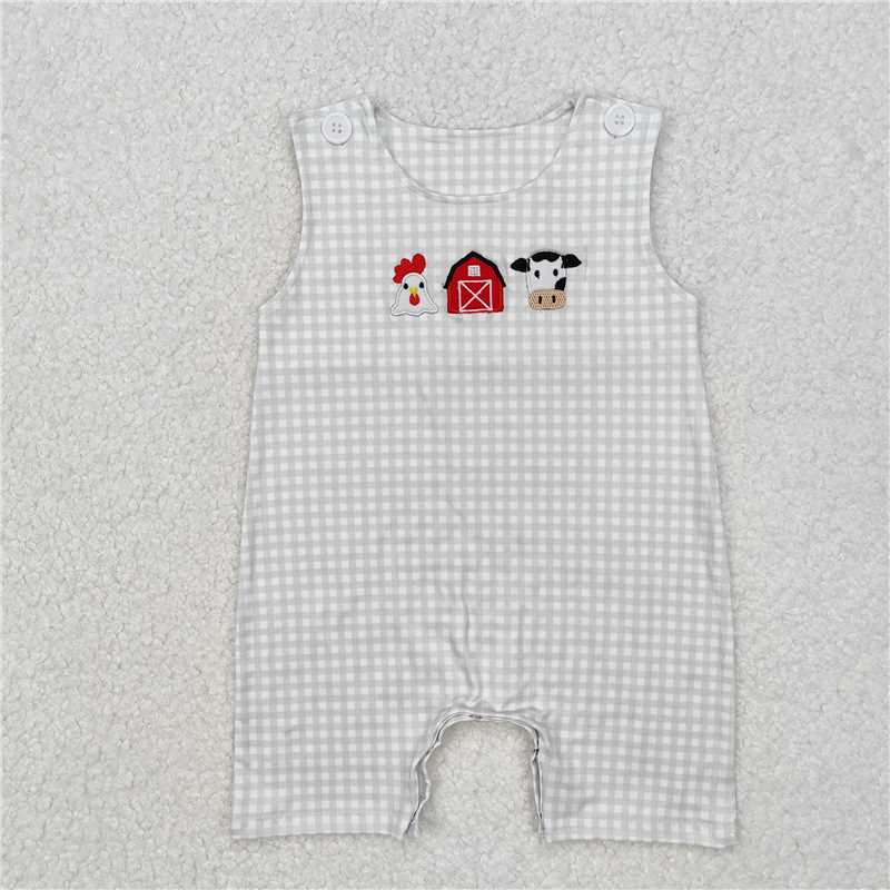 SR2183 Embroidery Chick Farm Red House Cow Green Sleeveless Jumpsuit