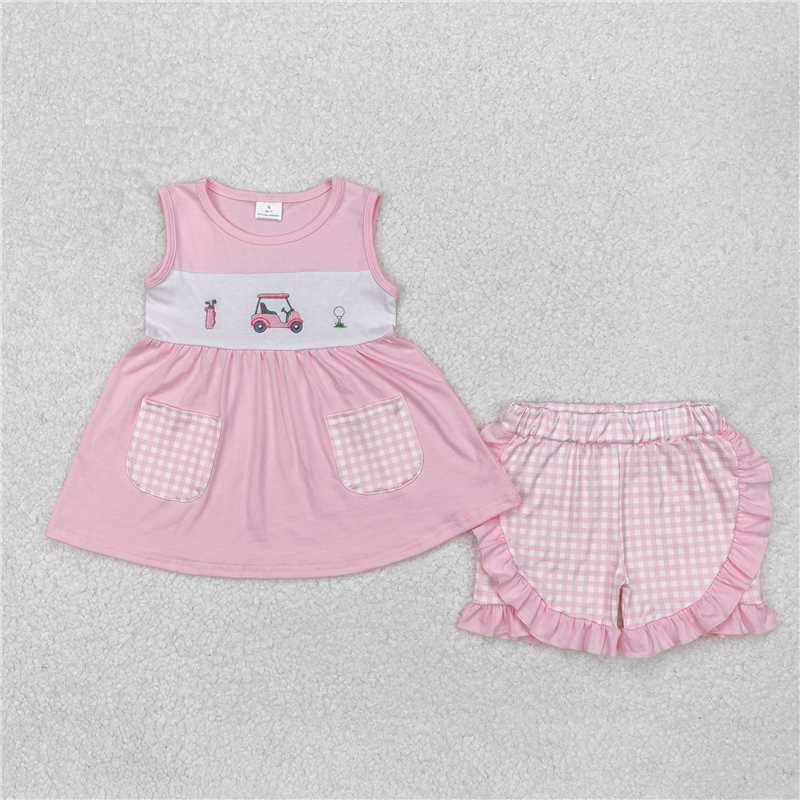 GSSO1554 Embroidered golf cart pink plaid pocket sleeveless shorts set