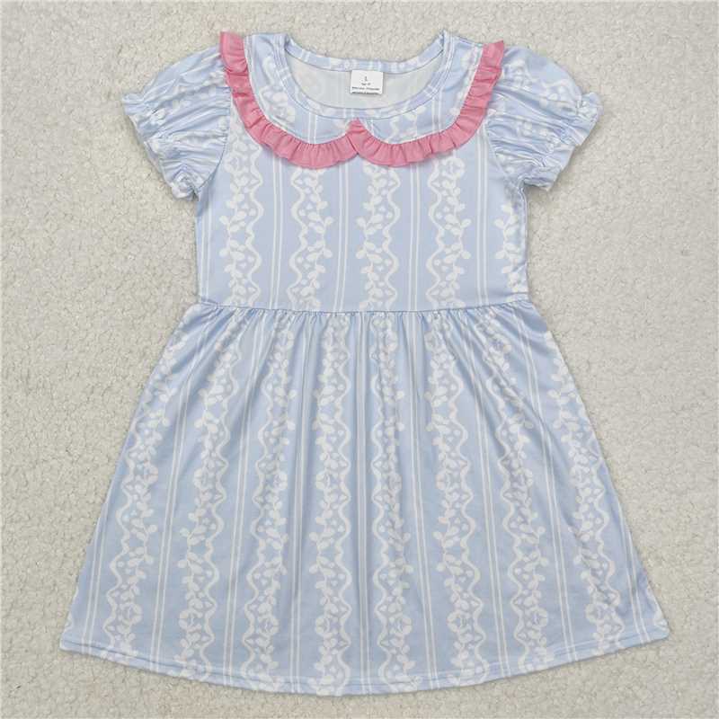 GSD1499 Striped pattern pink lace baby collar blue short-sleeved dress