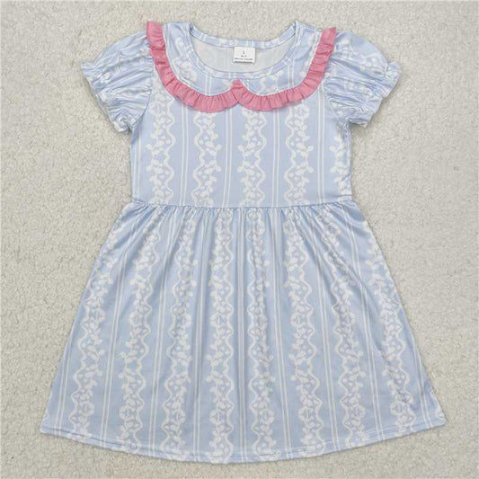 GSD1499 Striped pattern pink lace baby collar blue short-sleeved dress