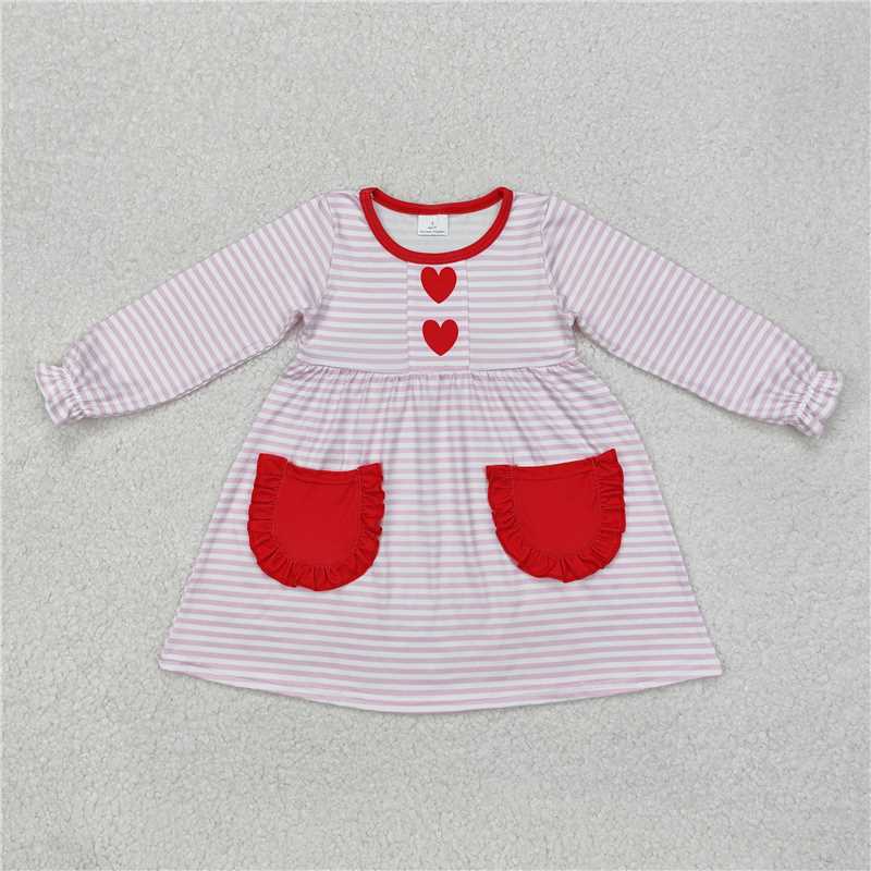 GLD0853 Red heart lace pocket pink striped long sleeve dress