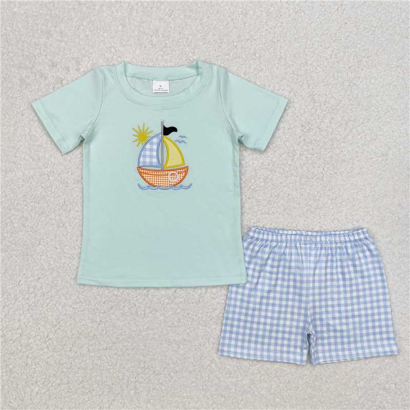 BSSO1048 Embroidered Sunsail Cyan Short Sleeve Blue Plaid Shorts Set