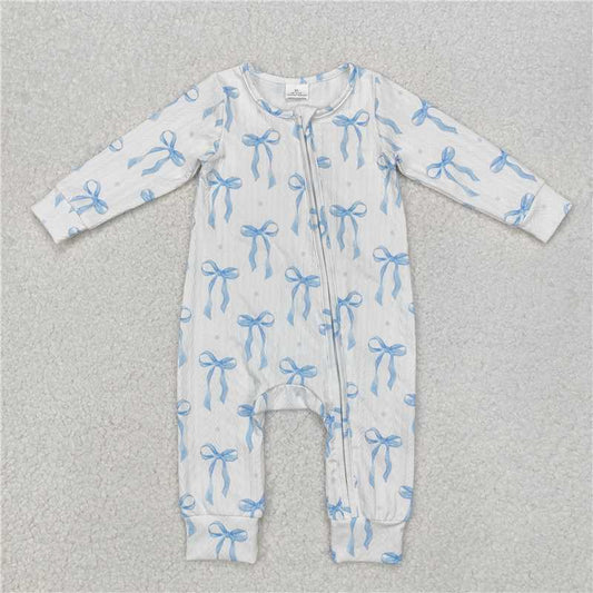 LR2070 Special fabric Blue bow pattern White zipper long-sleeved jumpsuit