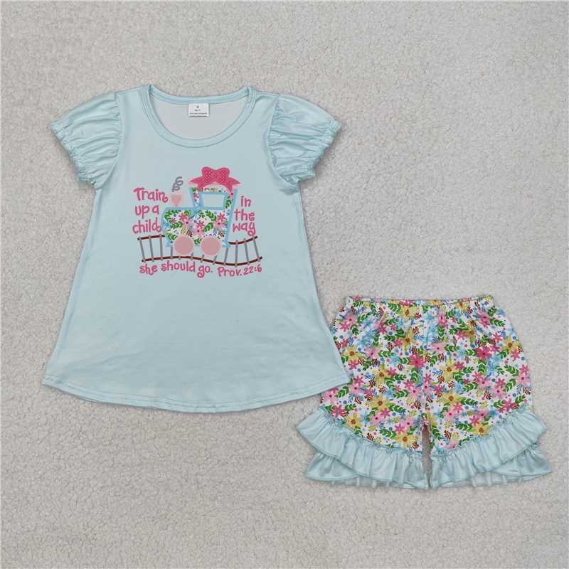 GSSO1643 Blue short-sleeved floral shorts suit with letter train and flower leaves