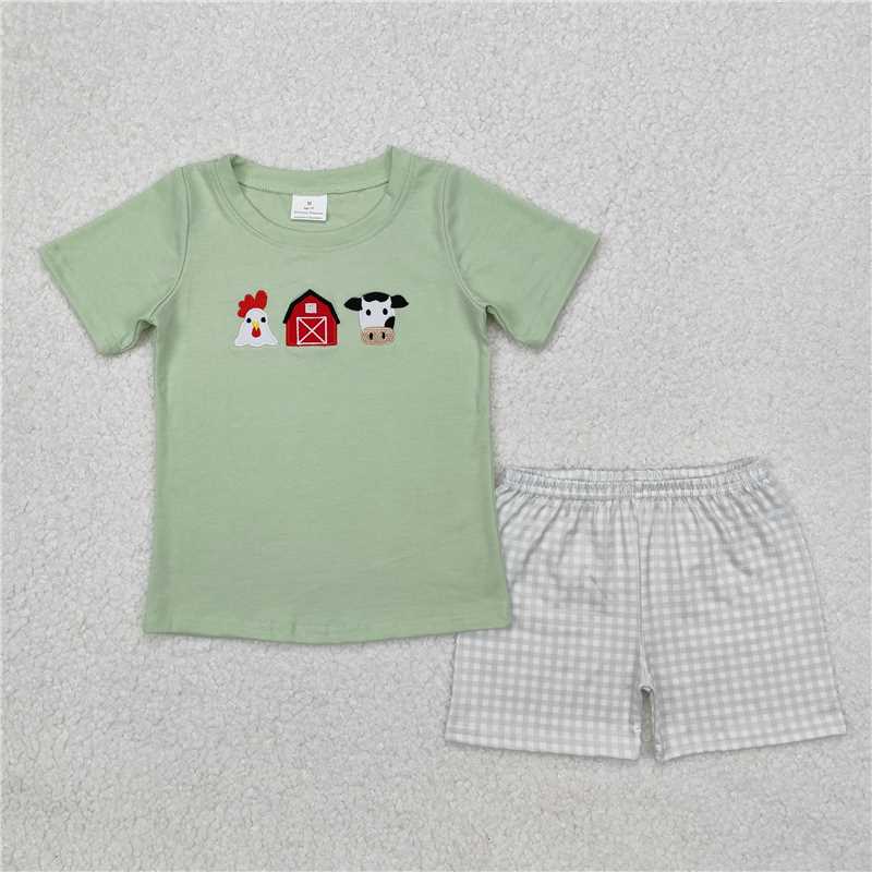 BSSO1067 Embroidery Chicken Farm Red House Cow Green Short Sleeve Plaid Shorts Set