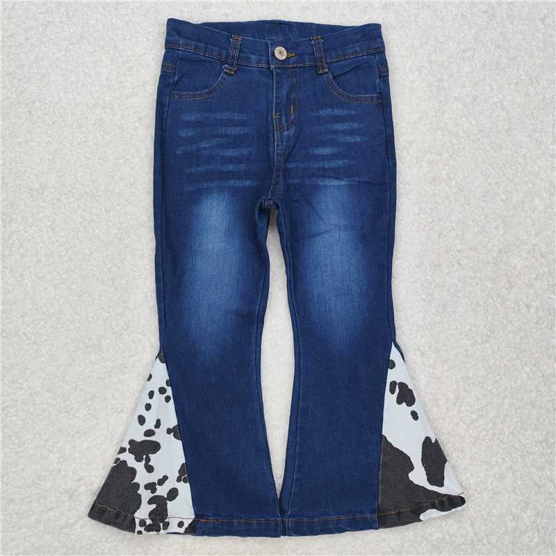 P0304 Black and white ink pattern stitching blue bleached denim trousers