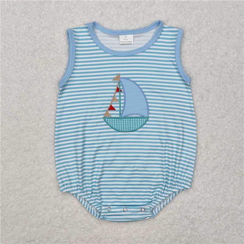 SR2276 Embroidered sailboat stripe blue vest jumpsuit