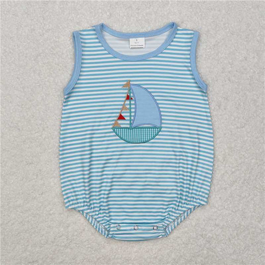 SR2276 Embroidered sailboat stripe blue vest jumpsuit