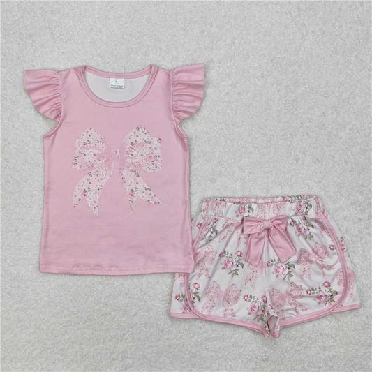 GSSO1702 Floral flower leaf bow pink flying sleeve shorts suit