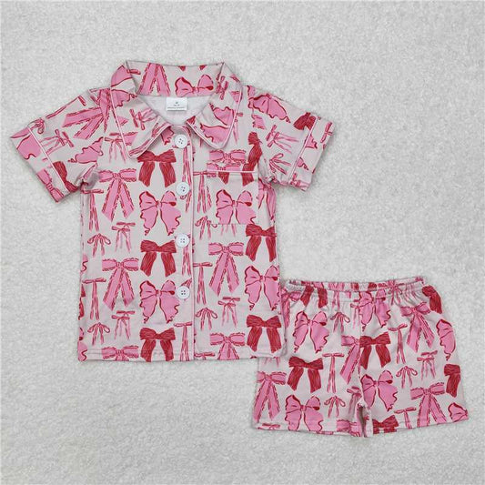 GSSO1718 Pink bow pattern short-sleeved shorts pajama set