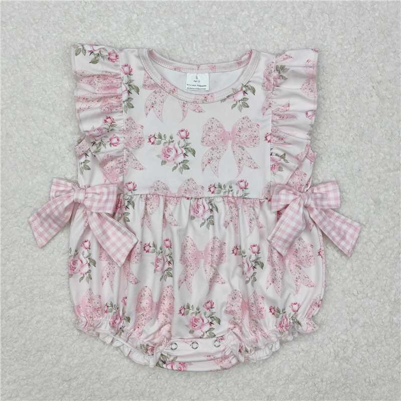 SR2379 Floral flower and leaf pink plaid bow vest jumpsuit