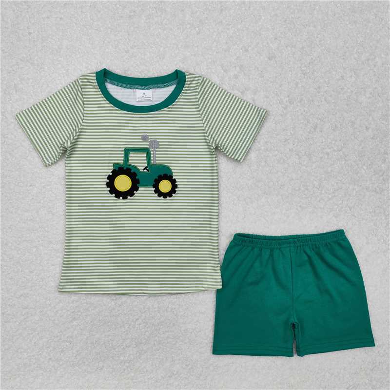 BSSO1184 Embroidered farm tractor green striped short sleeve shorts set