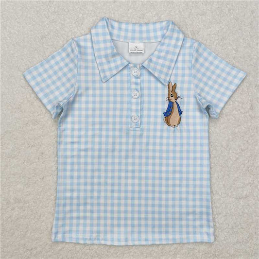 BT1095 Embroidered Easter bunny blue plaid short-sleeved top