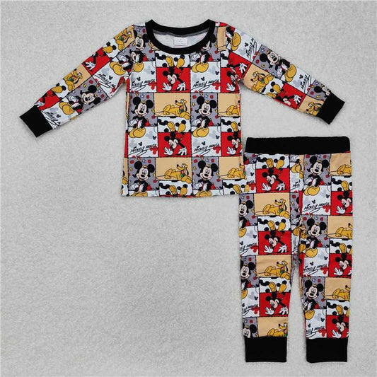 BLP1058 Mickey red and gray plaid long-sleeved trousers pajama set