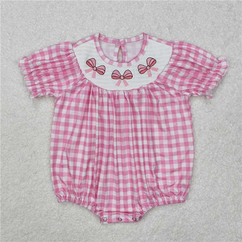 SR2325 Pink plaid short-sleeved jumpsuit with embroidered smocked bow pattern