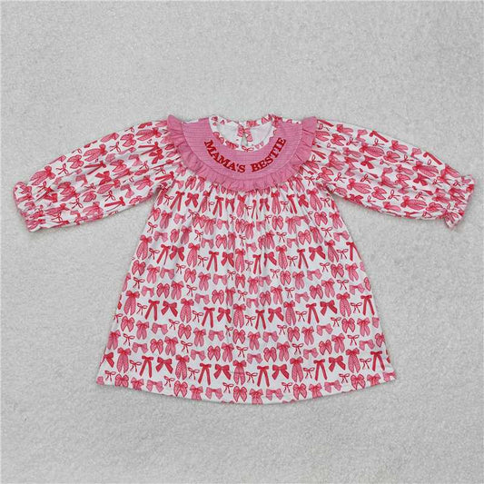 GLD0990 Pink and white long-sleeved dress with embroidered mama's bestie bow pattern