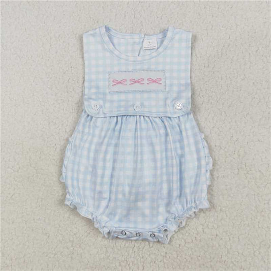 3.4SR2203 Embroidered pink bow blue plaid vest jumpsuit