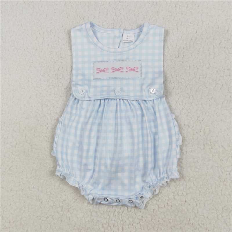 3.5 SR2203 Embroidered pink bow blue plaid vest jumpsuit
