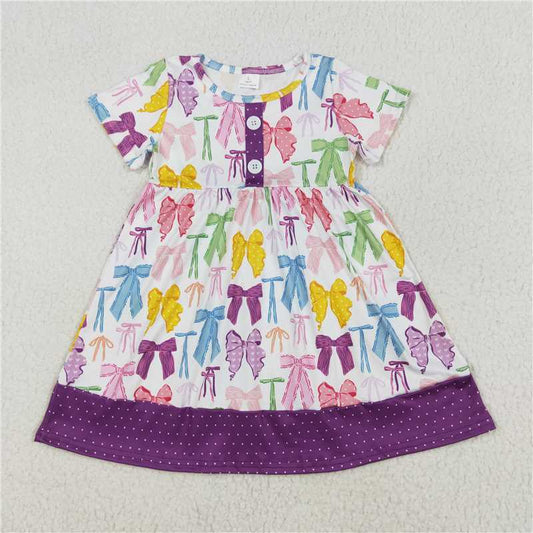 GSD1834 Colorful bow pattern polka dot purple and white short-sleeved dress
