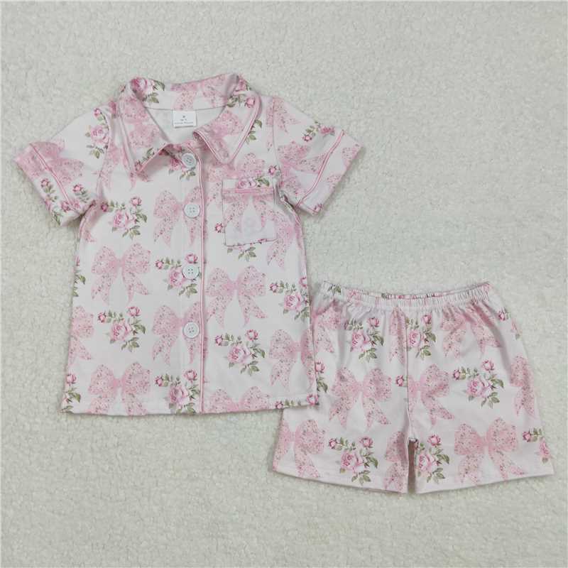 GSSO1780 Pink short-sleeved shorts pajama set with floral flower, leaf and bow pattern