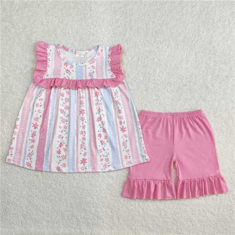 3.4GSSO2012 Flower pink and blue striped lace sleeveless shorts set