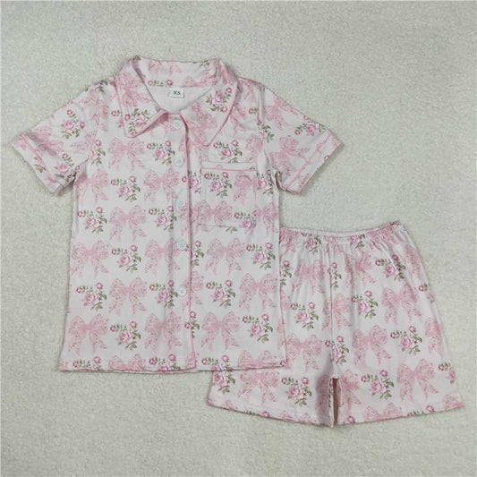 4.9 GSSO1779 Adult female floral flower leaf bow pattern pink short-sleeved shorts pajamas set